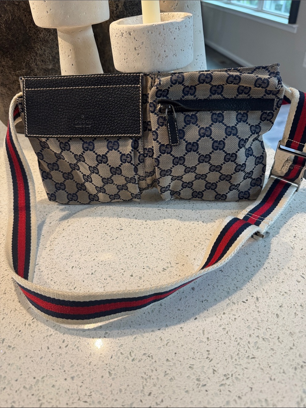 Gucci Beige/Tan GG Canvas Belt Bag with Striped Webbing Strap